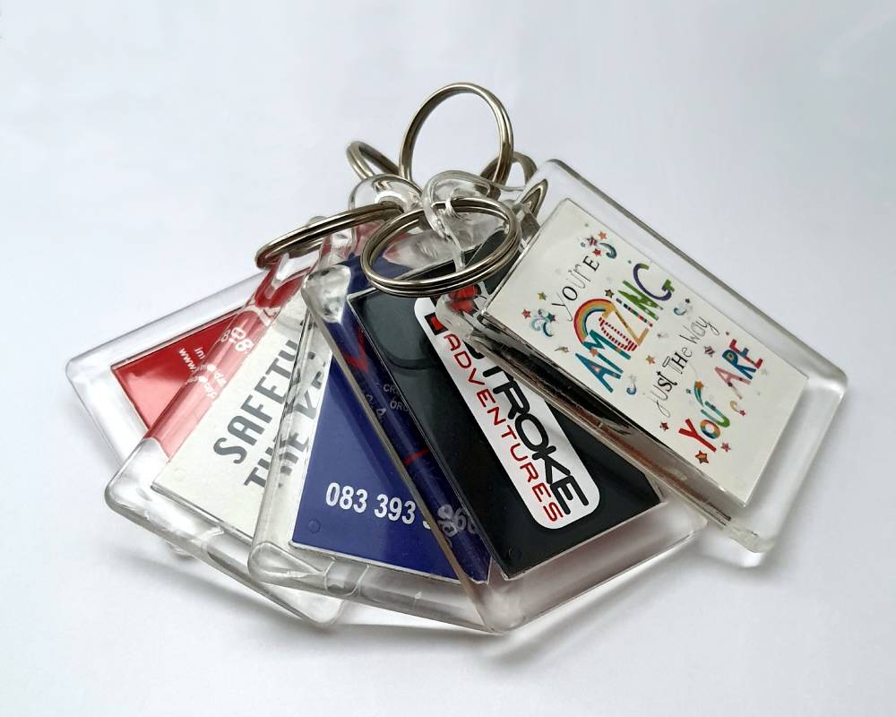 A photo of printed keyrings